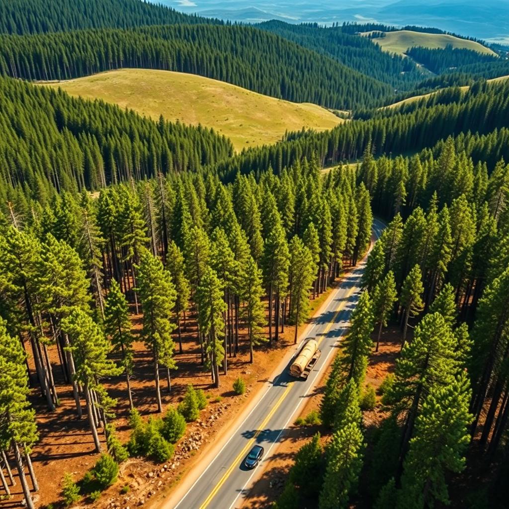 Managed forest tract with pine rows and a logging access road
