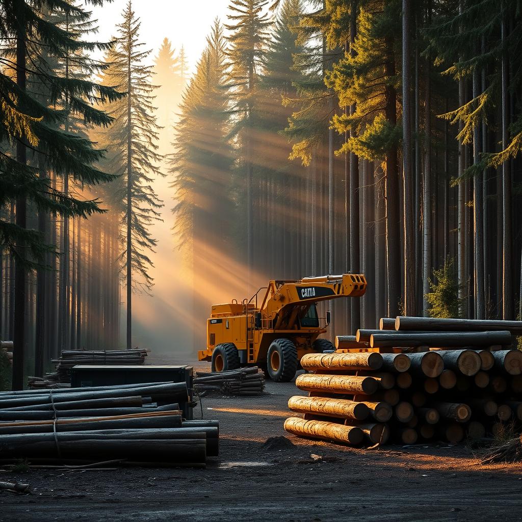 Logging operation in a Pacific Northwest pine forest — a feller buncher working among tall evergreens at golden hour